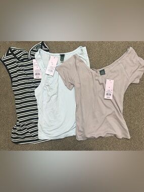 A new day Women's Tank & Tee Trio - Light Blue, Light Mauve, Black/White Stripe